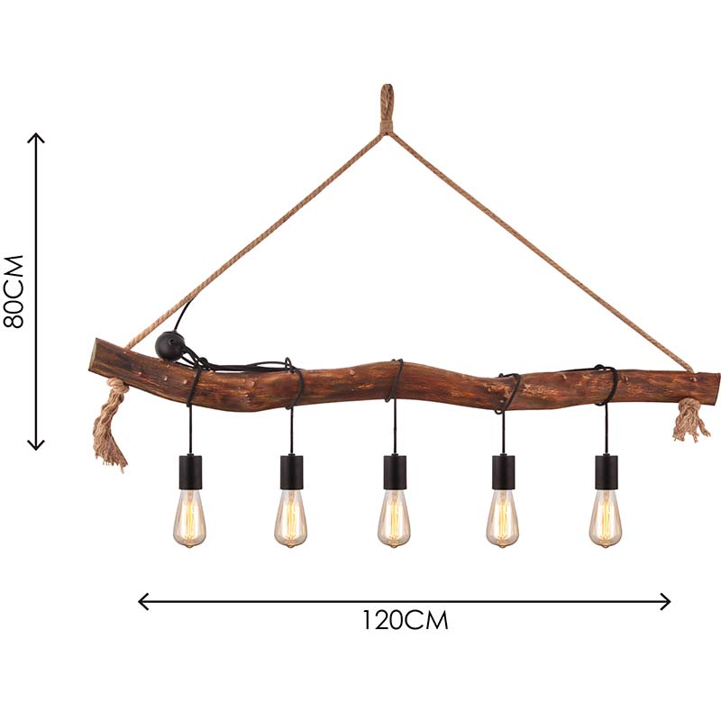 Creative Simple Chandelier Retro Decorative Adjustable Nature Wood Pendent Light 5lys E27