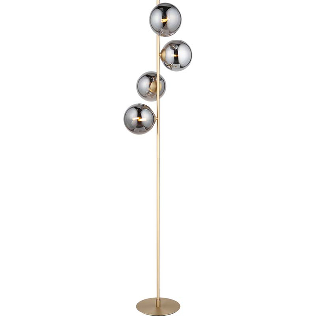 Elegant Nordic Authenic Brass Standing Light Smoke Globe Glass Floor Lamp 4lys G9 Dim