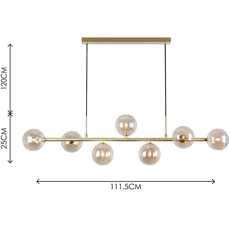 Nordic Authenic Design Hanging Light Decorative Adjustable Pendent Light 7lys Matt Brass & Amber Glass G9